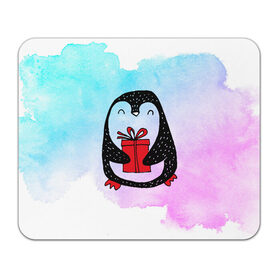 Коврик для мышки прямоугольный с принтом Милый пингвин с подарком в Тюмени, натуральный каучук | размер 230 х 185 мм; запечатка лицевой стороны | Тематика изображения на принте: 