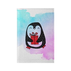 Обложка для паспорта матовая кожа с принтом Милый пингвин с подарком в Тюмени, натуральная матовая кожа | размер 19,3 х 13,7 см; прозрачные пластиковые крепления | Тематика изображения на принте: 