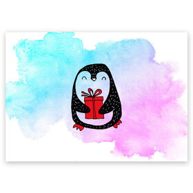 Поздравительная открытка с принтом Милый пингвин с подарком в Тюмени, 100% бумага | плотность бумаги 280 г/м2, матовая, на обратной стороне линовка и место для марки
 | Тематика изображения на принте: 