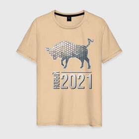 Мужская футболка хлопок с принтом Новый 2021 в Тюмени, 100% хлопок | прямой крой, круглый вырез горловины, длина до линии бедер, слегка спущенное плечо. | Тематика изображения на принте: 2021 | бык | годбыка | металлический бык | новый год