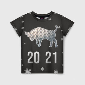 Детская футболка 3D с принтом Бык 2021 в Тюмени, 100% гипоаллергенный полиэфир | прямой крой, круглый вырез горловины, длина до линии бедер, чуть спущенное плечо, ткань немного тянется | Тематика изображения на принте: 2021 | бык | годбыка | металлический бык | новый год