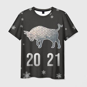 Мужская футболка 3D с принтом Бык 2021 в Тюмени, 100% полиэфир | прямой крой, круглый вырез горловины, длина до линии бедер | Тематика изображения на принте: 2021 | бык | годбыка | металлический бык | новый год