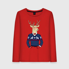 Женский лонгслив хлопок с принтом Hipster Deer в Тюмени, 100% хлопок |  | 2021 | happy | new year | дед мороз | елка | клаус | нг | новый год | носок | олени | очки | подарок | полосы | рождество | с | санта | свитер | снег | снеговик | снежинка | узор | хипстер