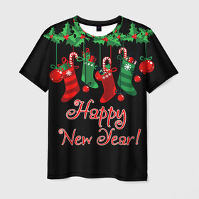 Мужская футболка 3D с принтом Happy New Year! в Тюмени, 100% полиэфир | прямой крой, круглый вырез горловины, длина до линии бедер | 2020 | 2021 | happy | new year | быка | гирлянда | дед мороз | елка | зеленый | игрушка | клаус | конфеты | нг | новый год | носок | перчатка | печенье | подарок | полосы | пряник | рождество | с | санта | сладости | снег