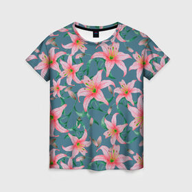 Женская футболка 3D с принтом Лилии на сером фоне в Тюмени, 100% полиэфир ( синтетическое хлопкоподобное полотно) | прямой крой, круглый вырез горловины, длина до линии бедер | 8 марта | весна | зеленый | лилии | праздник | природа | растения | розовый | серый | цветы