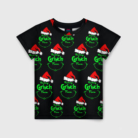 Детская футболка 3D с принтом Grinch Face в Тюмени, 100% гипоаллергенный полиэфир | прямой крой, круглый вырез горловины, длина до линии бедер, чуть спущенное плечо, ткань немного тянется | 2020 | 2021 | grinch | белая | год | гринч | елка | женская | зеленый | красная | мужская | мультфильм | надпись | нг | новый | подарок | полосы | праздник | рождества | свитер | сердце | смайл | фильм | шапка