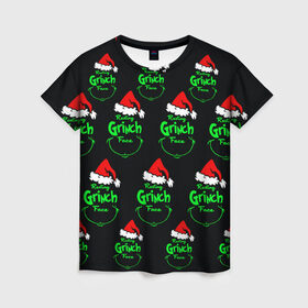 Женская футболка 3D с принтом Grinch Face в Тюмени, 100% полиэфир ( синтетическое хлопкоподобное полотно) | прямой крой, круглый вырез горловины, длина до линии бедер | 2020 | 2021 | grinch | белая | год | гринч | елка | женская | зеленый | красная | мужская | мультфильм | надпись | нг | новый | подарок | полосы | праздник | рождества | свитер | сердце | смайл | фильм | шапка
