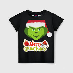 Детская футболка 3D с принтом Merry Grinchmas в Тюмени, 100% гипоаллергенный полиэфир | прямой крой, круглый вырез горловины, длина до линии бедер, чуть спущенное плечо, ткань немного тянется | 2020 | 2021 | grinch | белая | год | гринч | елка | женская | зеленый | красная | мужская | мультфильм | надпись | нг | новый | подарок | полосы | праздник | рождества | свитер | сердце | смайл | фильм | шапка