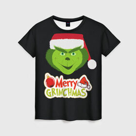 Женская футболка 3D с принтом Merry Grinchmas в Тюмени, 100% полиэфир ( синтетическое хлопкоподобное полотно) | прямой крой, круглый вырез горловины, длина до линии бедер | 2020 | 2021 | grinch | белая | год | гринч | елка | женская | зеленый | красная | мужская | мультфильм | надпись | нг | новый | подарок | полосы | праздник | рождества | свитер | сердце | смайл | фильм | шапка