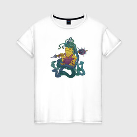 Женская футболка хлопок с принтом Горгона в Тюмени, 100% хлопок | прямой крой, круглый вырез горловины, длина до линии бедер, слегка спущенное плечо | булова | горгона | жаба | змеежаб | змеи | лягушка | персонаж | фэнтези