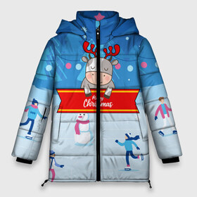 Женская зимняя куртка 3D с принтом Новогодний бык-олень в Тюмени, верх — 100% полиэстер; подкладка — 100% полиэстер; утеплитель — 100% полиэстер | длина ниже бедра, силуэт Оверсайз. Есть воротник-стойка, отстегивающийся капюшон и ветрозащитная планка. 

Боковые карманы с листочкой на кнопках и внутренний карман на молнии | 2021 | 7 января | bull | newyear | santa | бык | быки | бычок | год быка | дед мороз | корова | новогодние каникулы | новогодние праздники | новый 2021 | новый год | новый год 2021 | рождество | сани | санта | санта клаус