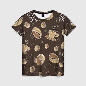 Женская футболка 3D с принтом Кофейный узор с чашкой в Тюмени, 100% полиэфир ( синтетическое хлопкоподобное полотно) | прямой крой, круглый вырез горловины, длина до линии бедер | коричневый | кофе | кофейный | кофеман | паттерн | узор | чашка