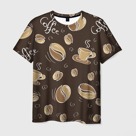 Мужская футболка 3D с принтом Кофейный узор с чашкой в Тюмени, 100% полиэфир | прямой крой, круглый вырез горловины, длина до линии бедер | коричневый | кофе | кофейный | кофеман | паттерн | узор | чашка