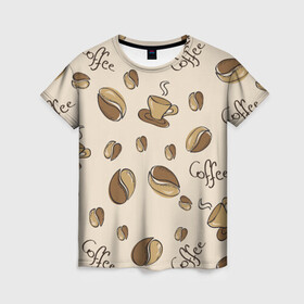 Женская футболка 3D с принтом Кофейный узор на светлом в Тюмени, 100% полиэфир ( синтетическое хлопкоподобное полотно) | прямой крой, круглый вырез горловины, длина до линии бедер | зерна | коричневый | кофе | кофейный | кофеман | паттерн | светлый | узор | чашка