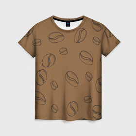 Женская футболка 3D с принтом Узор Кофейные зерна в Тюмени, 100% полиэфир ( синтетическое хлопкоподобное полотно) | прямой крой, круглый вырез горловины, длина до линии бедер | зерна | коричневый | кофе | кофейный | кофеман | паттерн | узор