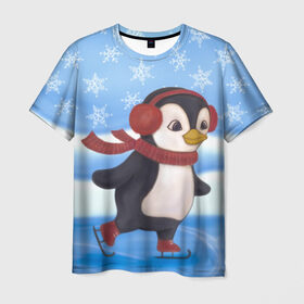 Мужская футболка 3D с принтом Пингвинчик на коньках в Тюмени, 100% полиэфир | прямой крой, круглый вырез горловины, длина до линии бедер | 2021 | зима | коньки | лёд | милый | новый год | пингвин | снег | снежинки | фигурное катание