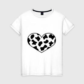 Женская футболка хлопок с принтом В Новый год - с любовью! в Тюмени, 100% хлопок | прямой крой, круглый вырез горловины, длина до линии бедер, слегка спущенное плечо | Тематика изображения на принте: 2021 | бык | корова | любовь | новый год | праздник | сердце | символ года | чёрно белый