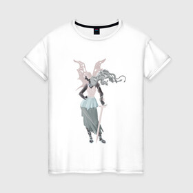 Женская футболка хлопок с принтом Горгона в Тюмени, 100% хлопок | прямой крой, круглый вырез горловины, длина до линии бедер, слегка спущенное плечо | fantasy | monster | горгона | доспехи | змеи | крылья | меч | монстр | фэнтези