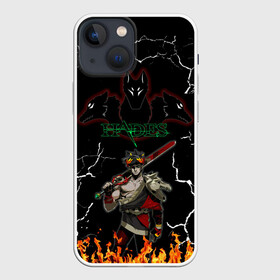 Чехол для iPhone 13 mini с принтом Hades в Тюмени,  |  | cracks | dark | fire | game | game   hades | hades | hades print | hades t shirt | zagreus | zagreus print | загрей | игра | игра   hades | кофта hades | огонь | принт hades | принт загрей | темный | трехглавый цербер | трещины | футболка 