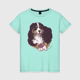 Женская футболка хлопок с принтом собака с пионом в Тюмени, 100% хлопок | прямой крой, круглый вырез горловины, длина до линии бедер, слегка спущенное плечо | бернский зенненхунд | домашний любимец | иллюстрация | собачник
