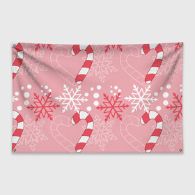 Флаг-баннер с принтом Новогодний узор с леденцом в Тюмени, 100% полиэстер | размер 67 х 109 см, плотность ткани — 95 г/м2; по краям флага есть четыре люверса для крепления | детская | красный | леденец | новогодняя | новый год | розовая | снежинки