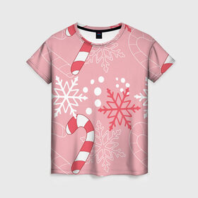 Женская футболка 3D с принтом Новогодний узор с леденцом в Тюмени, 100% полиэфир ( синтетическое хлопкоподобное полотно) | прямой крой, круглый вырез горловины, длина до линии бедер | детская | красный | леденец | новогодняя | новый год | розовая | снежинки