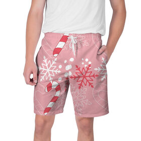 Мужские шорты 3D с принтом Новогодний узор с леденцом в Тюмени,  полиэстер 100% | прямой крой, два кармана без застежек по бокам. Мягкая трикотажная резинка на поясе, внутри которой широкие завязки. Длина чуть выше колен | детская | красный | леденец | новогодняя | новый год | розовая | снежинки