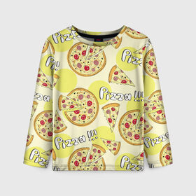 Детский лонгслив 3D с принтом Узор - Пицца на желтом в Тюмени, 100% полиэстер | длинные рукава, круглый вырез горловины, полуприлегающий силуэт
 | Тематика изображения на принте: еда | желтый | кусок | надписи | паттерн | пицца | узор | фастфуд