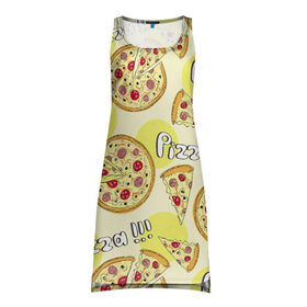 Платье-майка 3D с принтом Узор - Пицца на желтом в Тюмени, 100% полиэстер | полуприлегающий силуэт, широкие бретели, круглый вырез горловины, удлиненный подол сзади. | Тематика изображения на принте: еда | желтый | кусок | надписи | паттерн | пицца | узор | фастфуд