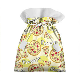 Подарочный 3D мешок с принтом Узор - Пицца на желтом в Тюмени, 100% полиэстер | Размер: 29*39 см | еда | желтый | кусок | надписи | паттерн | пицца | узор | фастфуд
