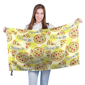 Флаг 3D с принтом Узор - Пицца на желтом в Тюмени, 100% полиэстер | плотность ткани — 95 г/м2, размер — 67 х 109 см. Принт наносится с одной стороны | еда | желтый | кусок | надписи | паттерн | пицца | узор | фастфуд