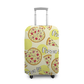 Чехол для чемодана 3D с принтом Узор - Пицца на желтом в Тюмени, 86% полиэфир, 14% спандекс | двустороннее нанесение принта, прорези для ручек и колес | Тематика изображения на принте: еда | желтый | кусок | надписи | паттерн | пицца | узор | фастфуд