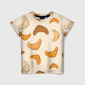 Детская футболка 3D с принтом Круассаны - Вкусный узор в Тюмени, 100% гипоаллергенный полиэфир | прямой крой, круглый вырез горловины, длина до линии бедер, чуть спущенное плечо, ткань немного тянется | еда | завтрак | круассан | оранжевый | паттерн | рогалики | сладости | узор | фастфуд