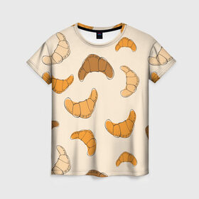 Женская футболка 3D с принтом Круассаны - Вкусный узор в Тюмени, 100% полиэфир ( синтетическое хлопкоподобное полотно) | прямой крой, круглый вырез горловины, длина до линии бедер | еда | завтрак | круассан | оранжевый | паттерн | рогалики | сладости | узор | фастфуд