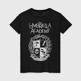 Женская футболка хлопок с принтом Академия Амбрелла в Тюмени, 100% хлопок | прямой крой, круглый вырез горловины, длина до линии бедер, слегка спущенное плечо | the umbrella academy | umbrella | академия амбрелла | амбрелла | герб | зонтик | комиксы