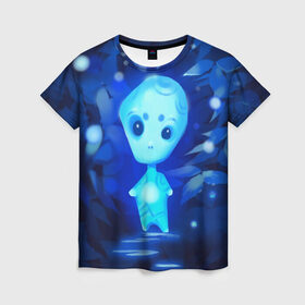 Женская футболка 3D с принтом Лесной дух в Тюмени, 100% полиэфир ( синтетическое хлопкоподобное полотно) | прямой крой, круглый вырез горловины, длина до линии бедер | дух | лес | листва | светлячки | синий | тропинка