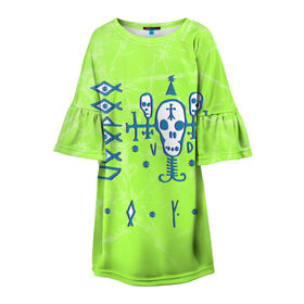 Детское платье 3D с принтом Voodoo Boys Gang CP 2077 в Тюмени, 100% полиэстер | прямой силуэт, чуть расширенный к низу. Круглая горловина, на рукавах — воланы | boys | city | cyberpunk | gang | night | voodoo | андроид | киберпанк | киборг | найт | робот | сити