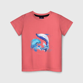 Детская футболка хлопок с принтом Акварельный кит в Тюмени, 100% хлопок | круглый вырез горловины, полуприлегающий силуэт, длина до линии бедер | Тематика изображения на принте: акварель | вода | волны | кит | море | морское | рисунок | рыбы | стихия