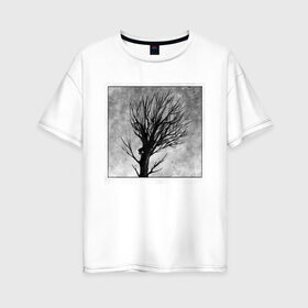 Женская футболка хлопок Oversize с принтом Дом на дереве в Тюмени, 100% хлопок | свободный крой, круглый ворот, спущенный рукав, длина до линии бедер
 | ветки | графика | дерево | дом | жуткий | мрачный | небо | одиночество | пасмурно | пустота