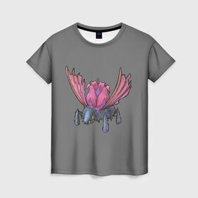 Женская футболка 3D с принтом Цветочный жук в Тюмени, 100% полиэфир ( синтетическое хлопкоподобное полотно) | прямой крой, круглый вырез горловины, длина до линии бедер | bug | flower | pink | wings | жук | лоза | насекомое | розовый | цветы
