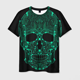 Мужская футболка 3D с принтом Неоновый Череп в Тюмени, 100% полиэфир | прямой крой, круглый вырез горловины, длина до линии бедер | skulls | градиент | кибер | мозги | неоновый | робот | скелет | цифровой | черепа | черный