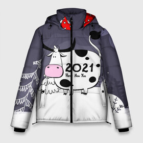 Мужская зимняя куртка 3D с принтом Корова 2021 в Тюмени, верх — 100% полиэстер; подкладка — 100% полиэстер; утеплитель — 100% полиэстер | длина ниже бедра, свободный силуэт Оверсайз. Есть воротник-стойка, отстегивающийся капюшон и ветрозащитная планка. 

Боковые карманы с листочкой на кнопках и внутренний карман на молнии. | 2021 | 7 января | bull | newyear | santa | бык | быки | бычок | год быка | дед мороз | корова | новогодние каникулы | новогодние праздники | новый 2021 | новый год | новый год 2021 | рождество | сани | санта | санта клаус