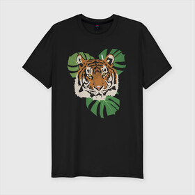 Мужская футболка хлопок Slim с принтом Тигр в джунглях в Тюмени, 92% хлопок, 8% лайкра | приталенный силуэт, круглый вырез ворота, длина до линии бедра, короткий рукав | nature | tiger | wild | wild animals | джунгли | дикие животные | дикий | животные | кошачьи | крупные кошки | полосатый | природа | тигр | тигр в джунглях | тигренок | тропики | хищник | хищные животные