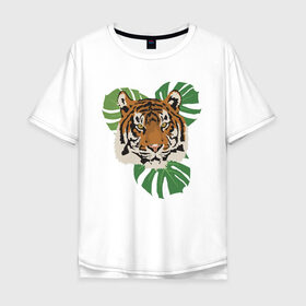 Мужская футболка хлопок Oversize с принтом Тигр в джунглях в Тюмени, 100% хлопок | свободный крой, круглый ворот, “спинка” длиннее передней части | nature | tiger | wild | wild animals | джунгли | дикие животные | дикий | животные | кошачьи | крупные кошки | полосатый | природа | тигр | тигр в джунглях | тигренок | тропики | хищник | хищные животные