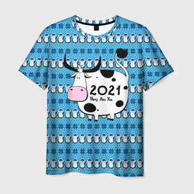 Мужская футболка 3D с принтом Корова 2021 в Тюмени, 100% полиэфир | прямой крой, круглый вырез горловины, длина до линии бедер | Тематика изображения на принте: 2021 | 7 января | bull | newyear | santa | бык | быки | бычок | год быка | дед мороз | корова | новогодние каникулы | новогодние праздники | новый 2021 | новый год | новый год 2021 | рождество | сани | санта | санта клаус