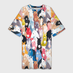 Платье-футболка 3D с принтом цветные лошади в Тюмени,  |  | horse | horseshoe | акварель | головалошади | грива | жеребец | животные | конь | лошадь | лошадьскрыльями | подкова | природа | рисуноккрасками