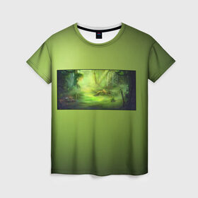 Женская футболка 3D с принтом Solar swamp Солнечное Болото в Тюмени, 100% полиэфир ( синтетическое хлопкоподобное полотно) | прямой крой, круглый вырез горловины, длина до линии бедер | Тематика изображения на принте: болотный | зеленый | зеленый фон | солнечный