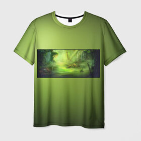 Мужская футболка 3D с принтом Solar swamp Солнечное Болото в Тюмени, 100% полиэфир | прямой крой, круглый вырез горловины, длина до линии бедер | болотный | зеленый | зеленый фон | солнечный
