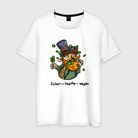 Мужская футболка хлопок с принтом Go vegan в Тюмени, 100% хлопок | прямой крой, круглый вырез горловины, длина до линии бедер, слегка спущенное плечо. | веган | вегетарианство | ирландия | клевер | лепрекон