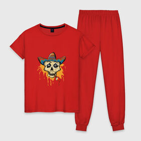 Женская пижама хлопок с принтом Draw Рисуй в Тюмени, 100% хлопок | брюки и футболка прямого кроя, без карманов, на брюках мягкая резинка на поясе и по низу штанин | кисточка | мексиканский | сомбреро | череп